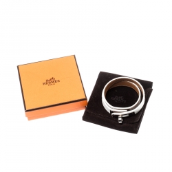 Pre Owned Hermes Kelly Double Tour White Leather Palladium Plated Wrap Bracelet S
