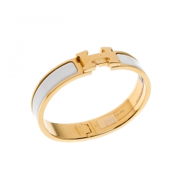 Pre Owned Hermes Clic Clac H White Enamel Gold Plated Narrow Bracelet PM