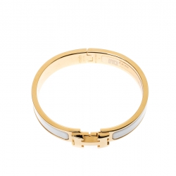 Pre Owned Hermes Clic Clac H White Enamel Gold Plated Narrow Bracelet PM