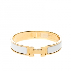 Pre Owned Hermes Clic Clac H White Enamel Gold Plated Narrow Bracelet PM