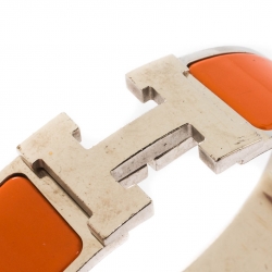 Pre Owned Hermès Clic Clac H Orange Enamel Palladium Plated Wide Bracelet GM
