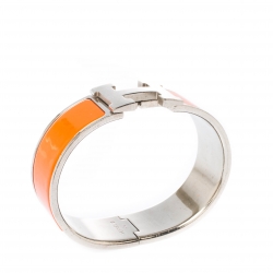 Pre Owned Hermès Clic Clac H Orange Enamel Palladium Plated Wide Bracelet GM