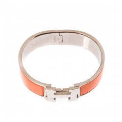 Pre Owned Hermès Clic Clac H Orange Enamel Palladium Plated Wide Bracelet GM
