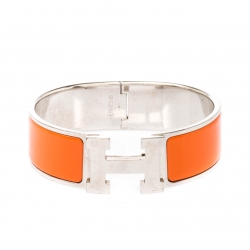 Pre Owned Hermès Clic Clac H Orange Enamel Palladium Plated Wide Bracelet GM