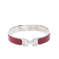 Pre Owned Hermes Clic Clac H Red Enamel Palladium Plated Narrow Bracelet GM