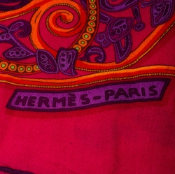 Pre Owned Hermes Fuchsia Pink Printed Cashmere & Silk Shawl