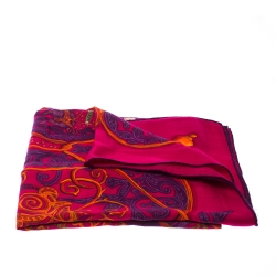 Pre Owned Hermes Fuchsia Pink Printed Cashmere & Silk Shawl