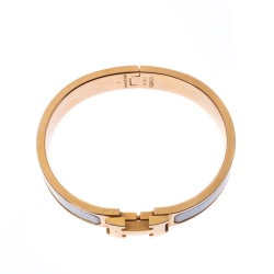 Pre Owned Hermes Clic Clac H White Enamel Gold Plated Narrow Bracelet PM