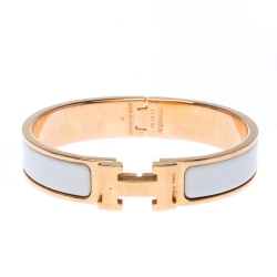 Pre Owned Hermes Clic Clac H White Enamel Gold Plated Narrow Bracelet PM