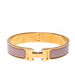 Pre Owned Hermes Clic Clac H Dusty Pink Enamel Gold Plated Narrow Bracelet PM