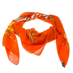 Pre Owned Hermes Orange Zodiac Print Cotton Scarf