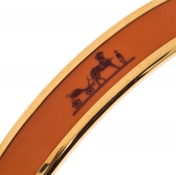 Pre Owned Hermes Caleche Orange Enamel Gold Plated Narrow Bangle Bracelet M