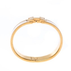Pre Owned Hermes Clic Clac H White Enamel Gold Plated Narrow Bracelet PM