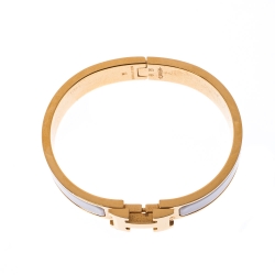 Pre Owned Hermes Clic Clac H White Enamel Gold Plated Narrow Bracelet PM