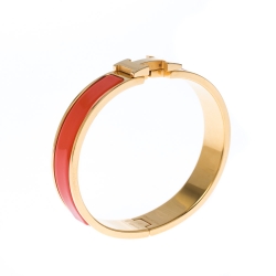 Pre Owned Hermes Clic H Orange Mandarine Enamel Gold Plated Narrow Bracelet PM