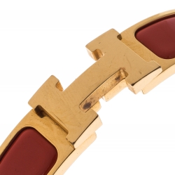 Pre Owned Hermes Clic H Orange Mandarine Enamel Gold Plated Narrow Bracelet PM