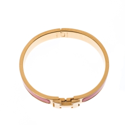 Pre Owned Hermes Clic H Orange Mandarine Enamel Gold Plated Narrow Bracelet PM