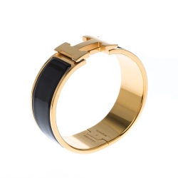 Pre Owned Hermes Clic Clac H Black Enamel Palladium Plated Wide Bracelet PM