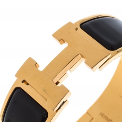 Pre Owned Hermes Clic Clac H Black Enamel Palladium Plated Wide Bracelet PM