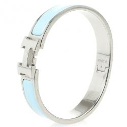 Pre Owned Hermes Clic-Clac H Light Blue Palladium Plated Bracelet PM