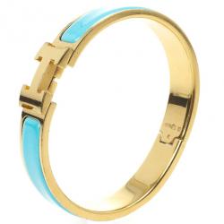 Pre Owned Hermes Clic-Clac H Bleu Enameld Gold Plated Bracelet