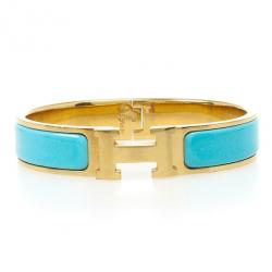 Pre Owned Hermes Clic-Clac H Bleu Enameld Gold Plated Bracelet