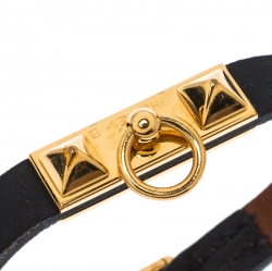 Pre Owned Hermes Micro Rivale Black Leather Gold Plated Bracelet XS