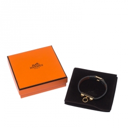 Pre Owned Hermes Micro Rivale Black Leather Gold Plated Bracelet XS