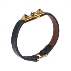 Pre Owned Hermes Micro Rivale Black Leather Gold Plated Bracelet XS