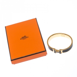 Pre Owned Hermes Clic Clac H Black Enamel Gold Plated Narrow Bracelet PM