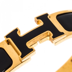 Pre Owned Hermes Clic Clac H Black Enamel Gold Plated Narrow Bracelet PM