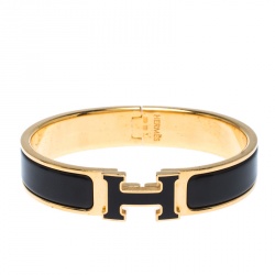 Pre Owned Hermes Clic Clac H Black Enamel Gold Plated Narrow Bracelet PM