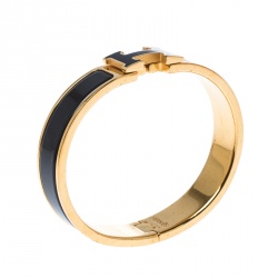 Pre Owned Hermes Clic Clac H Black Enamel Gold Plated Narrow Bracelet PM