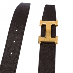 Pre Owned Hermes Etain/Black Epsom and Box Calf Leather Guillochee H Buckle Reversible Belt 90CM