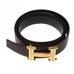 Pre Owned Hermes Etain/Black Epsom and Box Calf Leather Guillochee H Buckle Reversible Belt 90CM