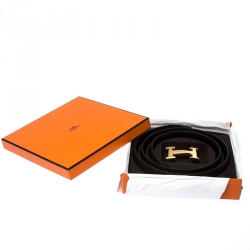 Pre Owned Hermes Etain/Black Epsom and Box Calf Leather Guillochee H Buckle Reversible Belt 90CM