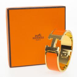 Pre Owned Hermes Clic-Clac H Orange Enamel Gold Plated Bracelet