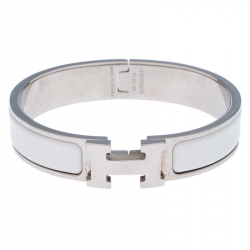 Pre Owned Hermes Clic Clac H White Enamel Palladium Plated Narrow Bracelet PM