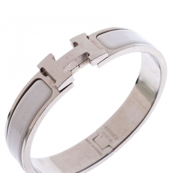 Pre Owned Hermes Clic Clac H White Enamel Palladium Plated Narrow Bracelet PM