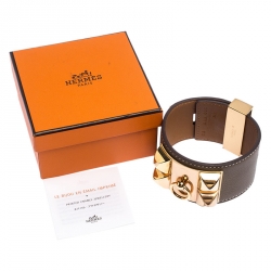 Pre Owned Hermès Collier de Chien Calfskin Olive Green Leather Gold Plated Bracelet