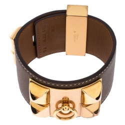 Pre Owned Hermès Collier de Chien Calfskin Olive Green Leather Gold Plated Bracelet