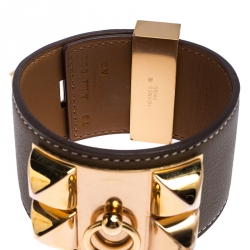 Pre Owned Hermès Collier de Chien Calfskin Olive Green Leather Gold Plated Bracelet