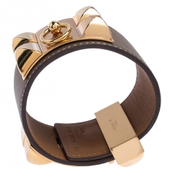 Pre Owned Hermès Collier de Chien Calfskin Olive Green Leather Gold Plated Bracelet
