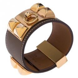 Pre Owned Hermès Collier de Chien Calfskin Olive Green Leather Gold Plated Bracelet