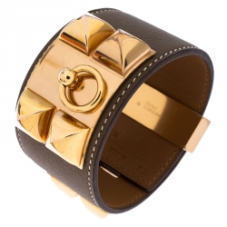 Pre Owned Hermès Collier de Chien Calfskin Olive Green Leather Gold Plated Bracelet