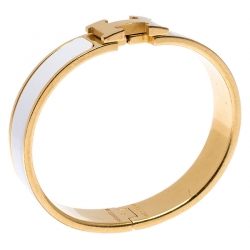 Pre Owned Hermes White Enamel Gold Plated Clic Clac H Bracelet PM