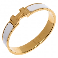 Pre Owned Hermes White Enamel Gold Plated Clic Clac H Bracelet PM