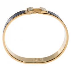 Pre Owned Hermès Clic H Black Enamel Gold Plated Narrow Bracelet PM
