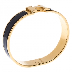 Pre Owned Hermès Clic H Black Enamel Gold Plated Narrow Bracelet PM
