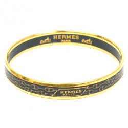 Pre Owned Hermes Narrow Black Gold Printed Enamel Bracelet